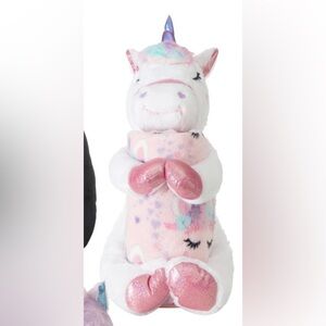 Huggable Plush Throw Set, Unicorn Rainbow Blanket Pink Toy